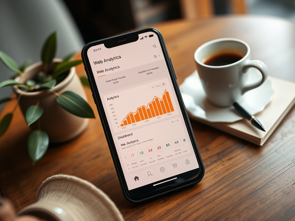 На изображении смартфон с графиками аналитики в приложении и чашка кофе на столе.