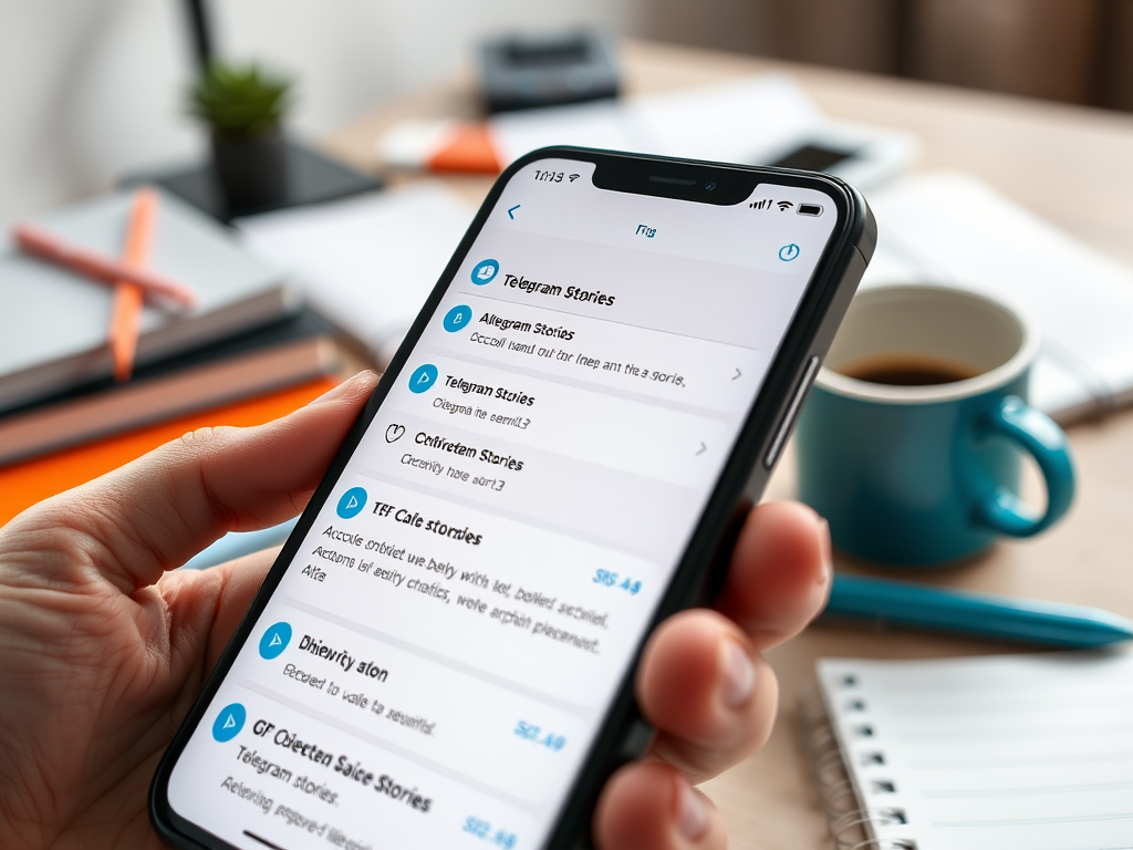 На изображении телефон с открытым приложением, показывающим список историй в Telegram.