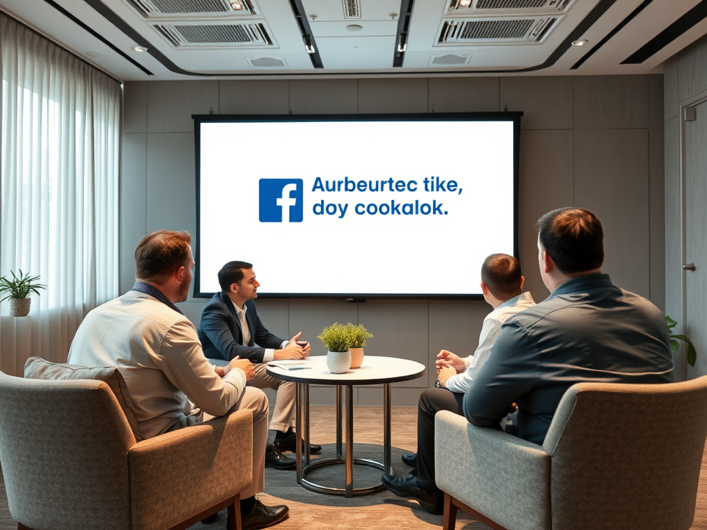 На экране реклама Facebook, в офисе группа мужчин внимательно слушает.