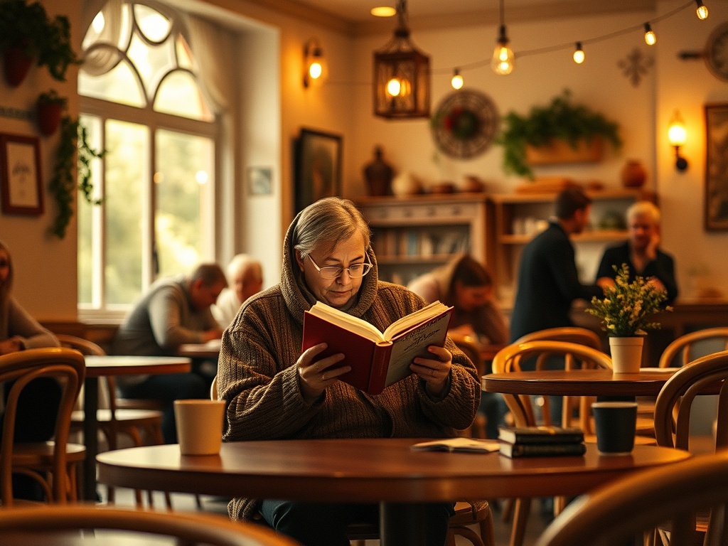 Пожилая женщина читает книгу в уютном кафе, вокруг люди наслаждаются атмосферой общения и отдыха.