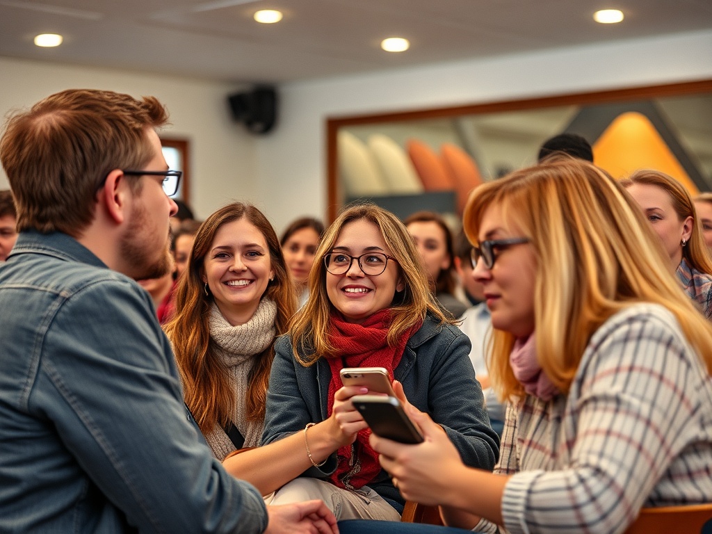 Группа молодых людей в аудитории, обсуждающих что-то с улыбками и используя мобильные телефоны.