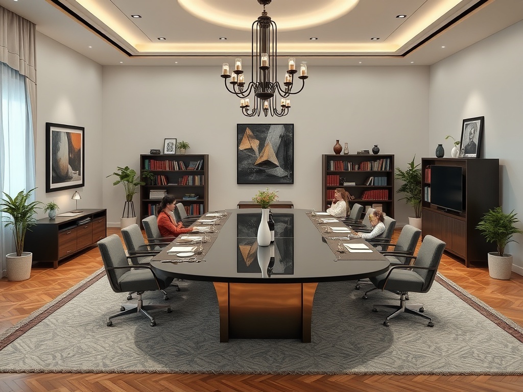 Современный конференц-зал с длинным столом, растениями и людьми, обсуждающими важные вопросы.