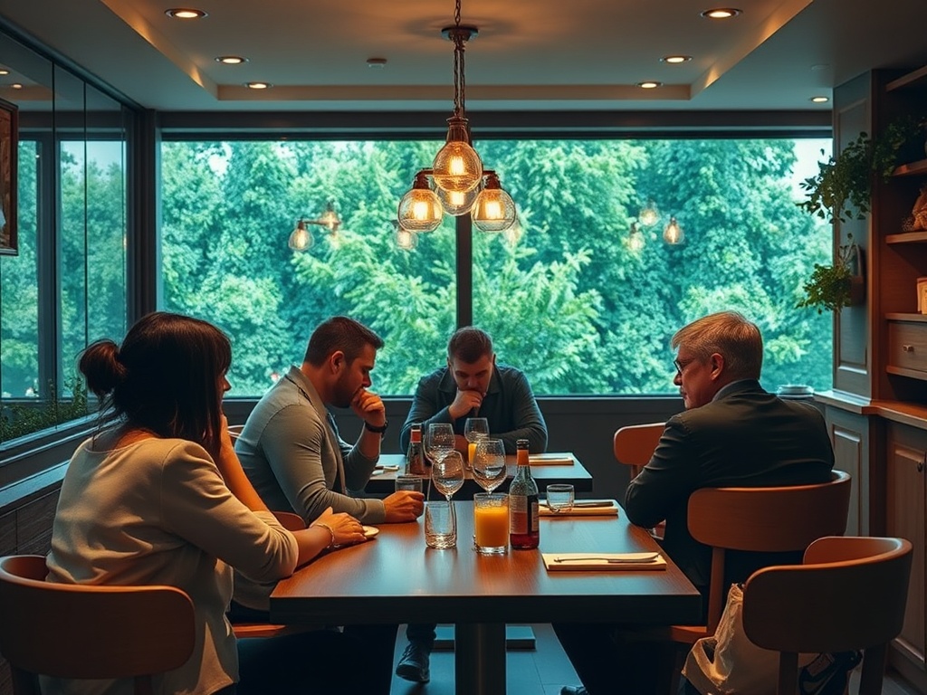 Четыре человека сидят за столом в ресторане, задумчиво смотря в сторону окна с зелеными деревьями.