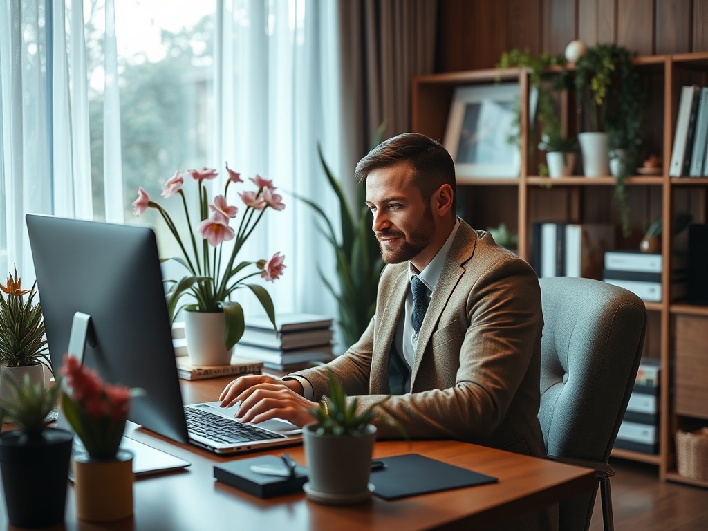 Мужчина в костюме работает за компьютером в стильном офисе с растениями и книгами.