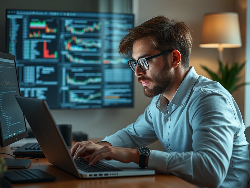 Молодой человек работает за ноутбуком, окружённый экранами с графиками и данными. Настроение сосредоточенности.