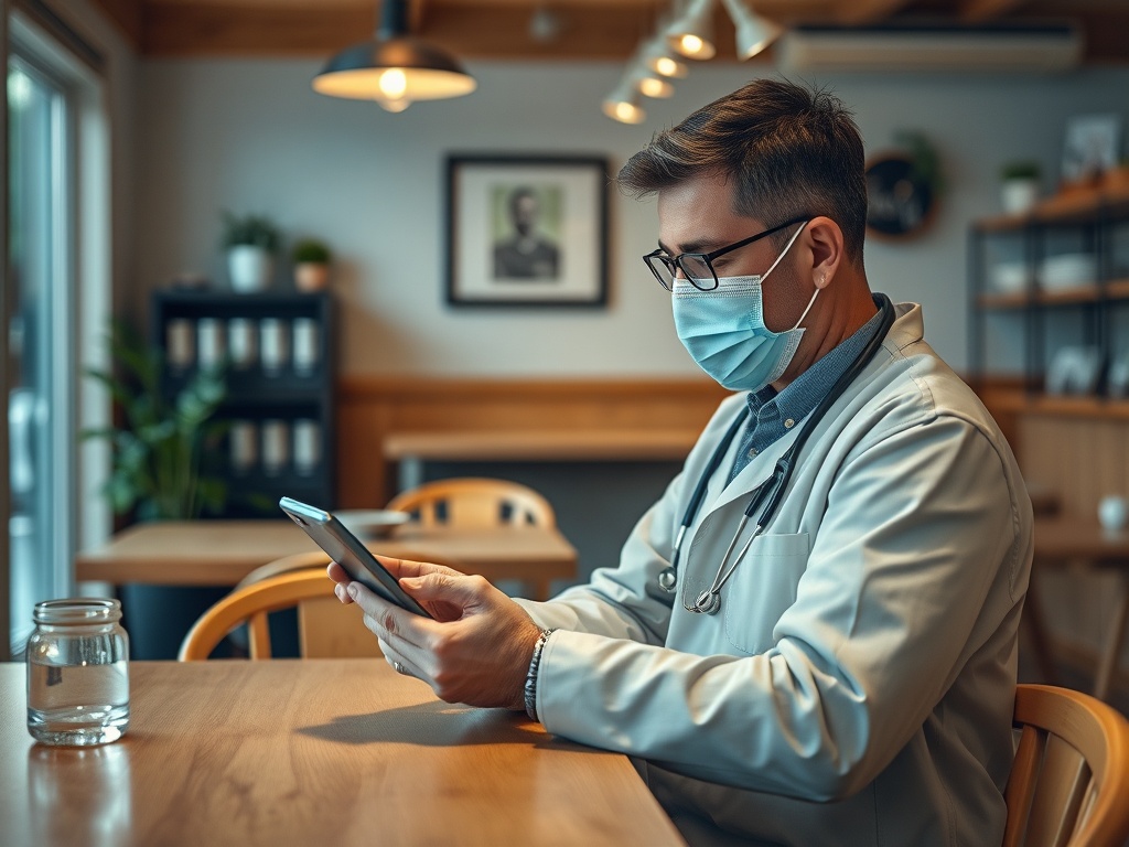 Врач в маске сидит за столом и смотрит на телефон. Интерьер уютного кафе с растениями на фоне.