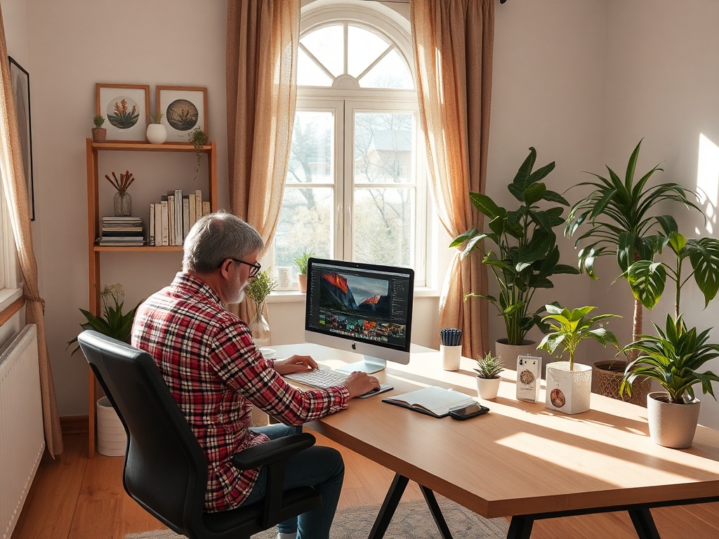 Человек в рубашке в клетку работает за компьютером в светлом кабинете с растениями и солнечным светом.